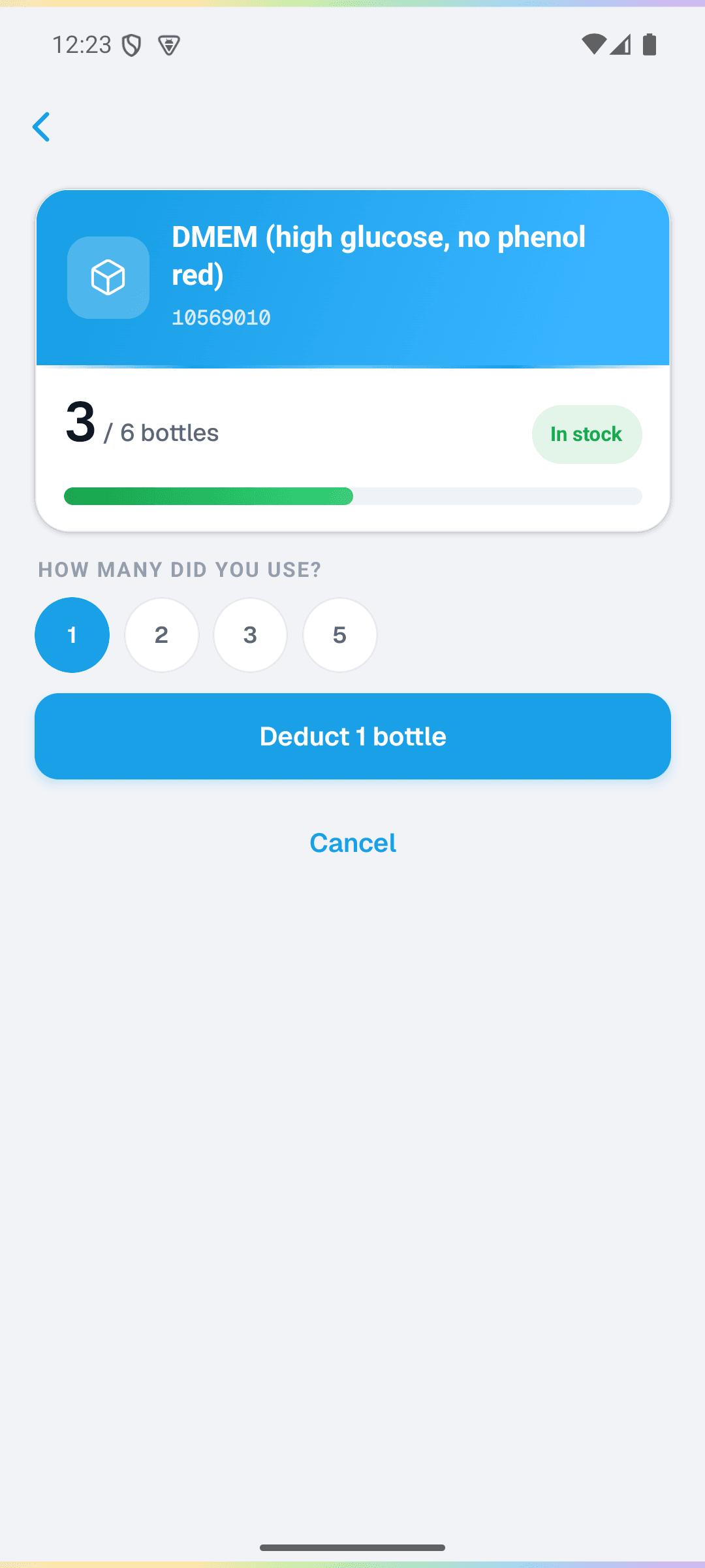 Android inventory demo showing three of six bottles in stock and a Deduct one bottle button