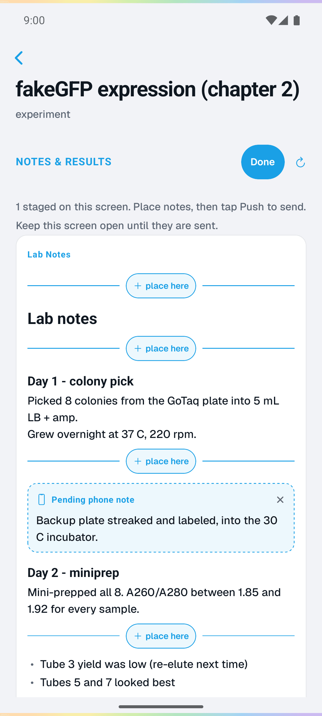 Android experiment demo showing a staged typed phone note and placement controls