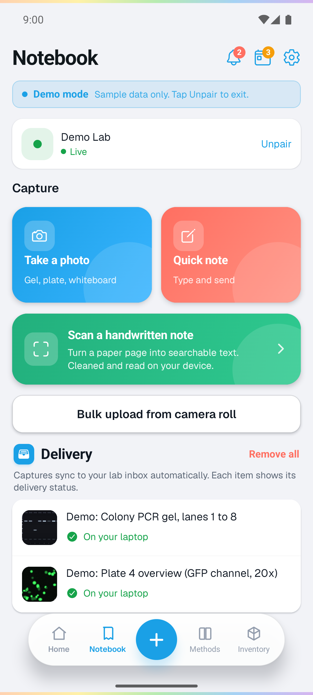 Actual mobile companion capture screen with scan-note and photo options, shown with sample data