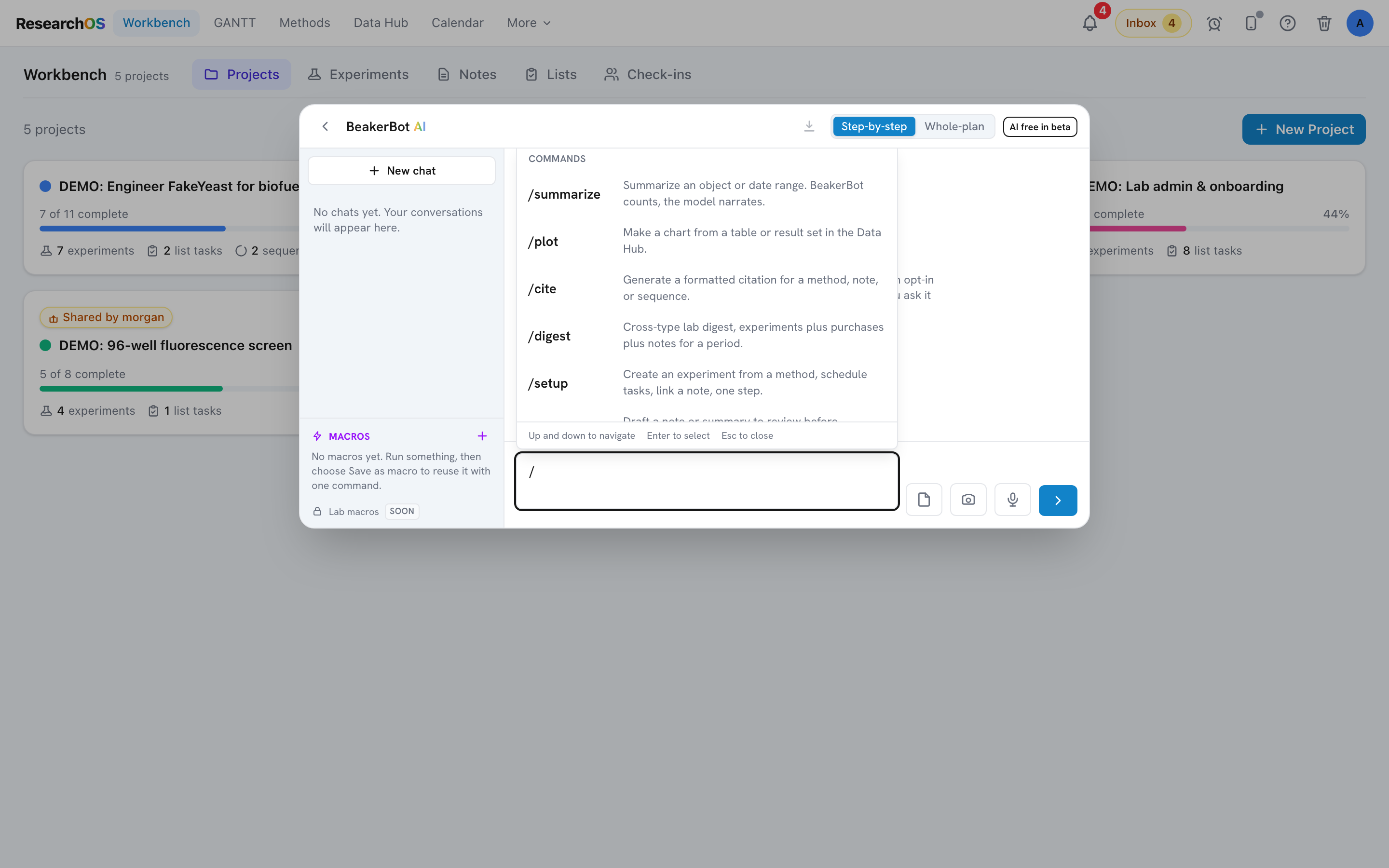 The BeakerBot chat panel open alongside the Data Hub, with an @mention picker above the composer showing a filtered list of sequences and notes, and a reply visible in the thread above.