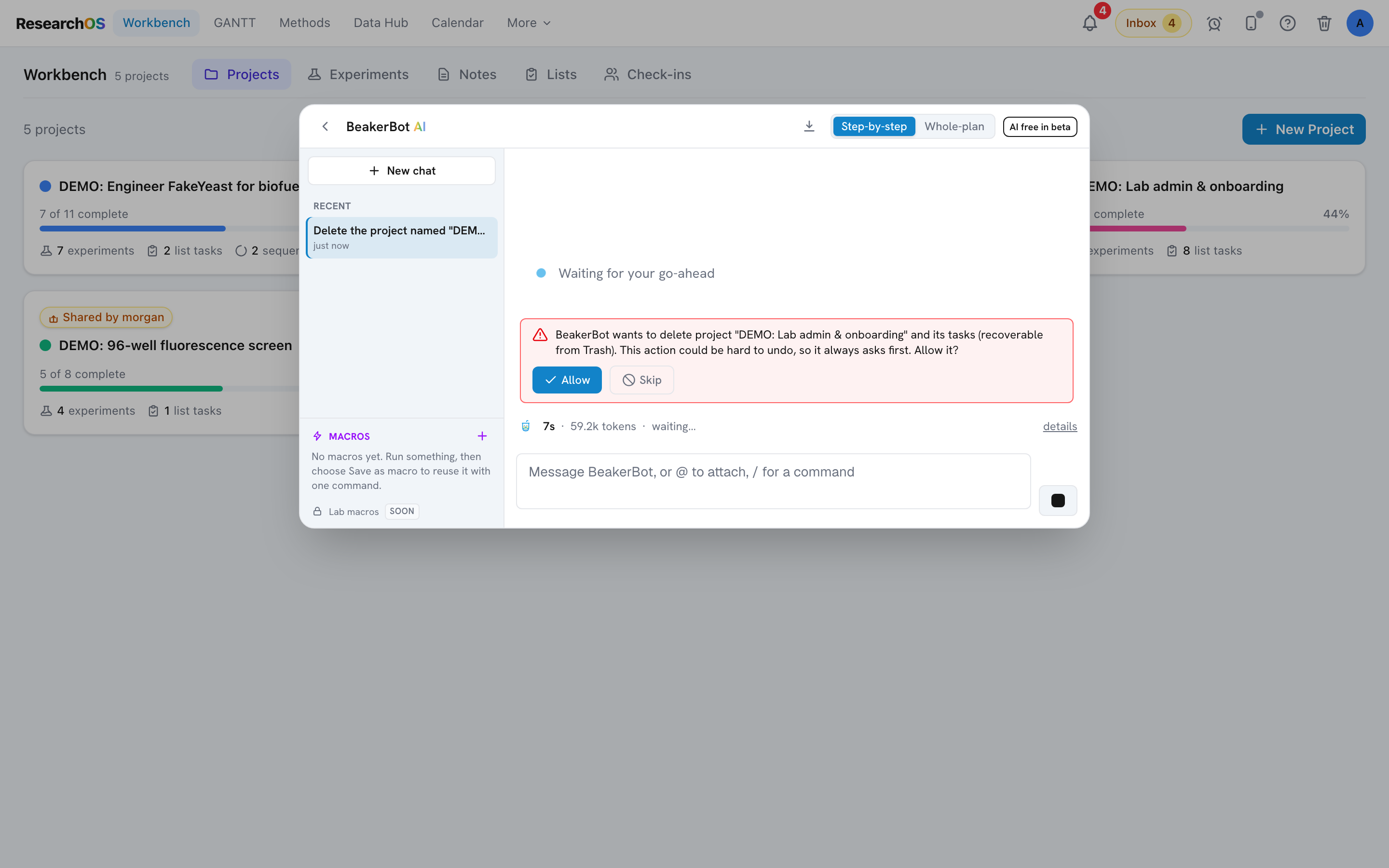The BeakerBot chat panel showing an action approval card with a preview of a new method titled 'Colony PCR protocol', its markdown body, and an Approve or Reject button pair.