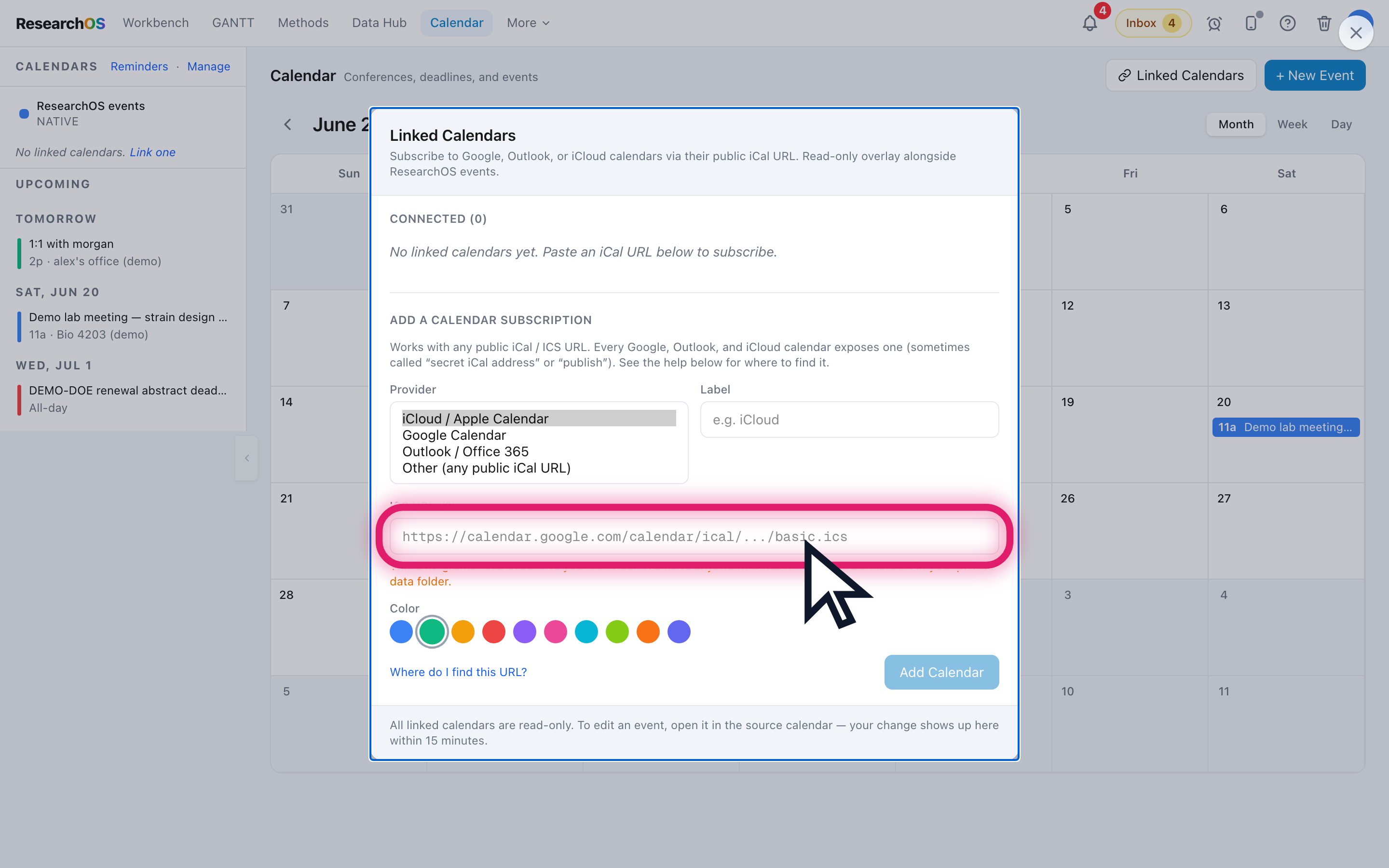 The Linked Calendars panel with a connected ICS subscription and the paste-a-URL form.