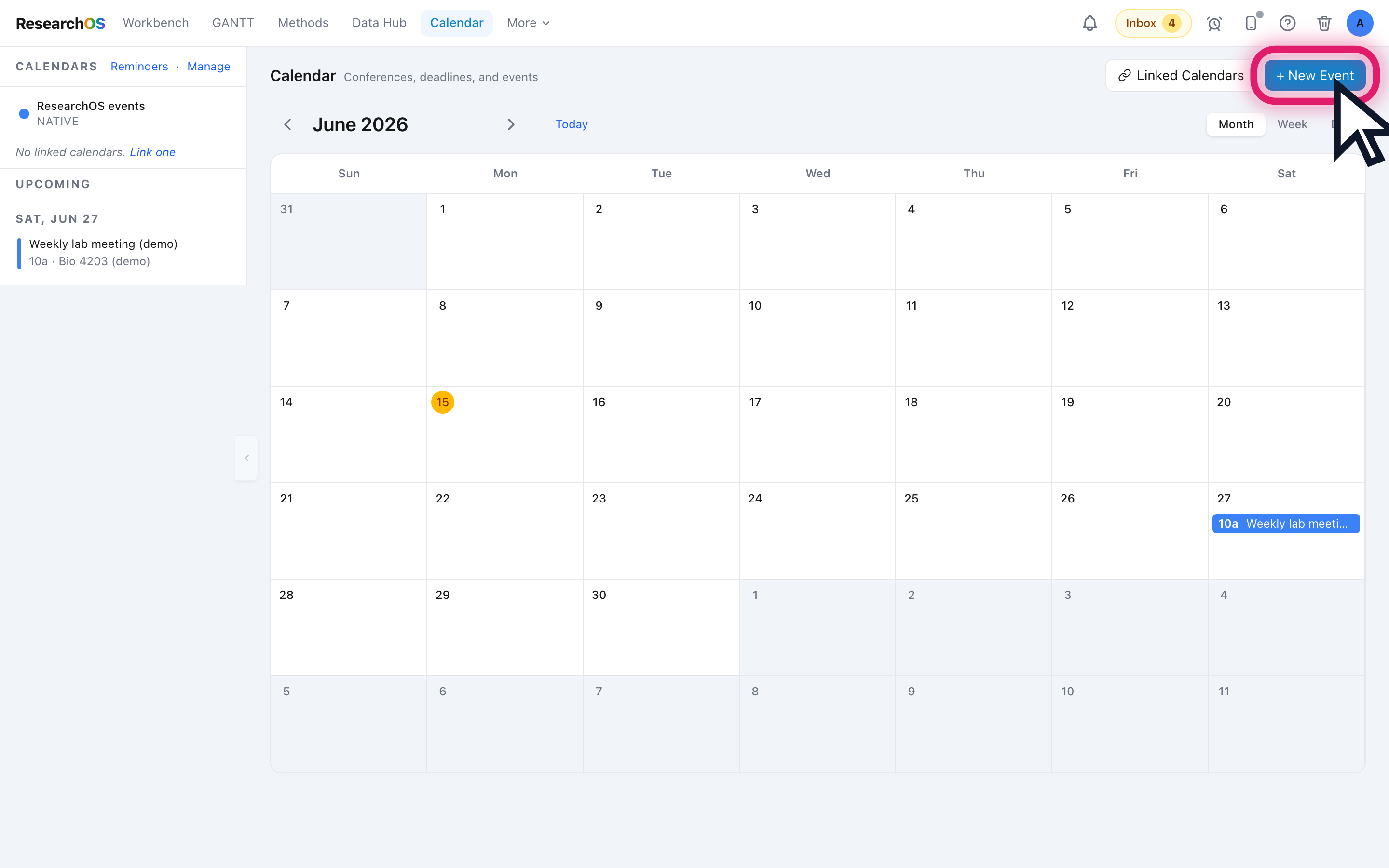 The Calendar page in month view, with native event blocks and the +New Event button in the top right.