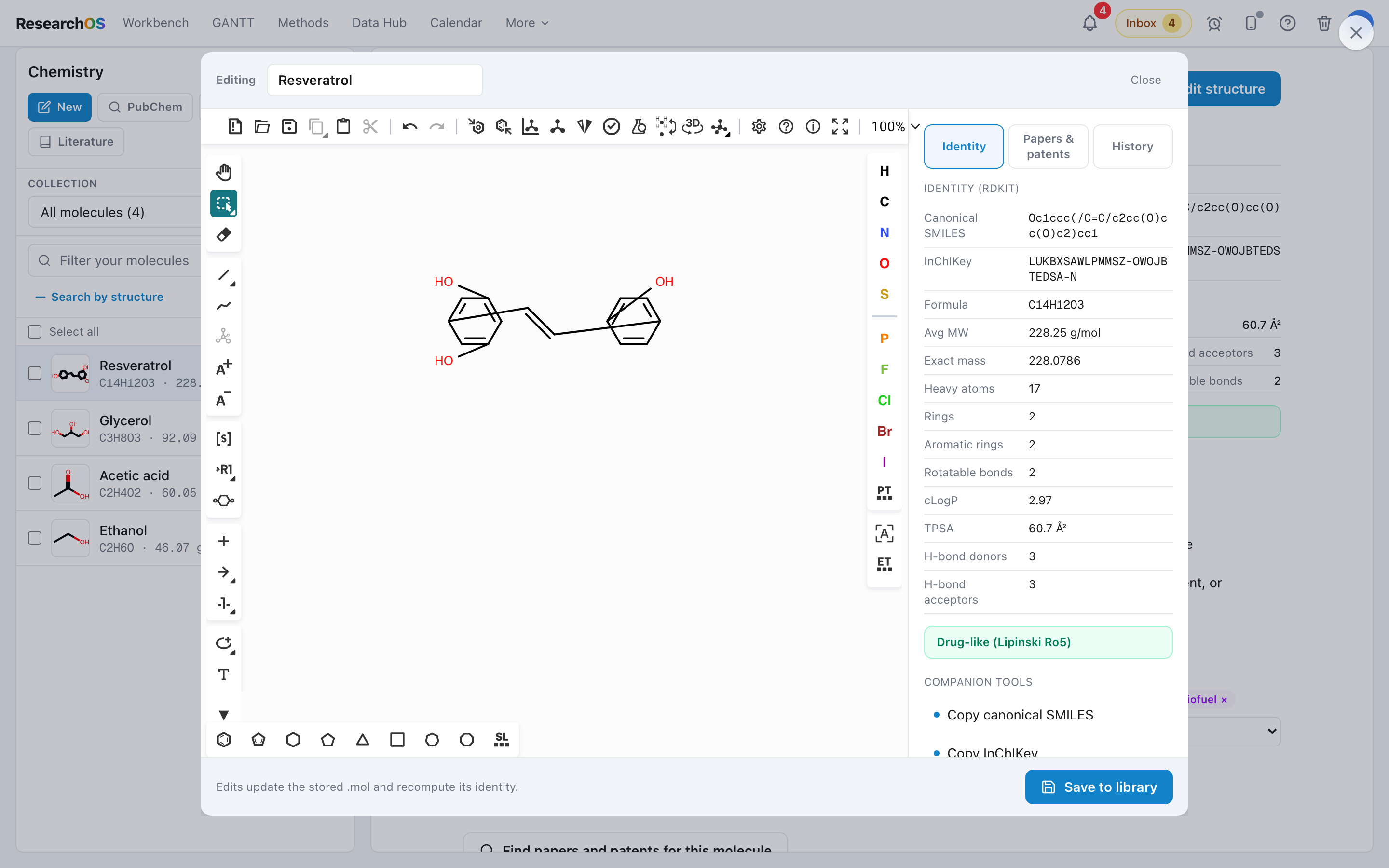 The structure editor open over the workbench, showing a drawing canvas with a molecule, a vertical bond and template toolbar on the left, and Save and Cancel actions.