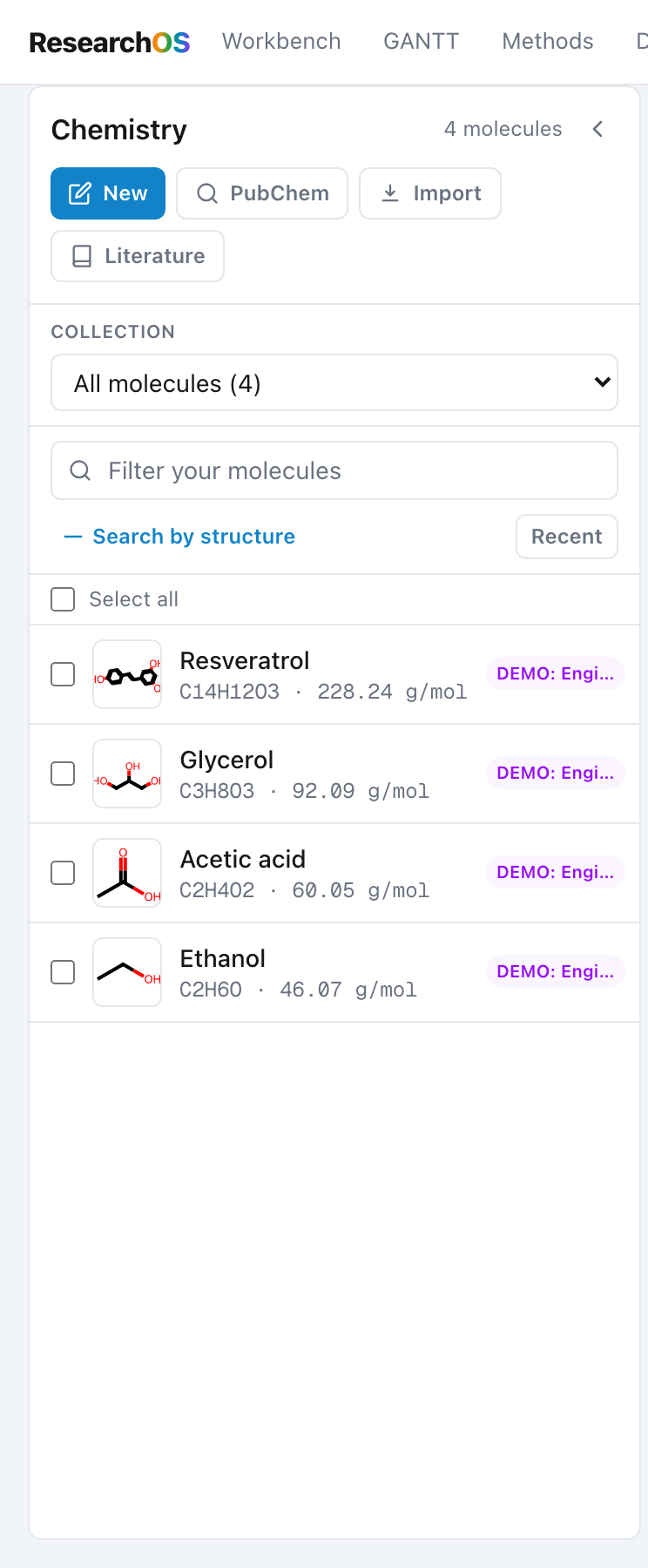 The molecule library rail with the collection selector open, showing All molecules, Unfiled, and a list of project names each with a molecule count.