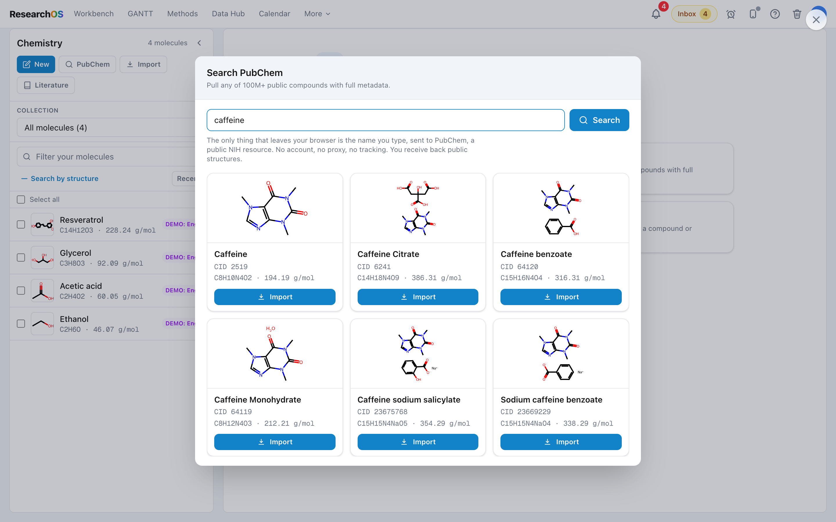 The PubChem import dialog with the word caffeine typed in the search box and a grid of candidate compounds below, each showing a rendered structure, name, formula, and molecular weight.