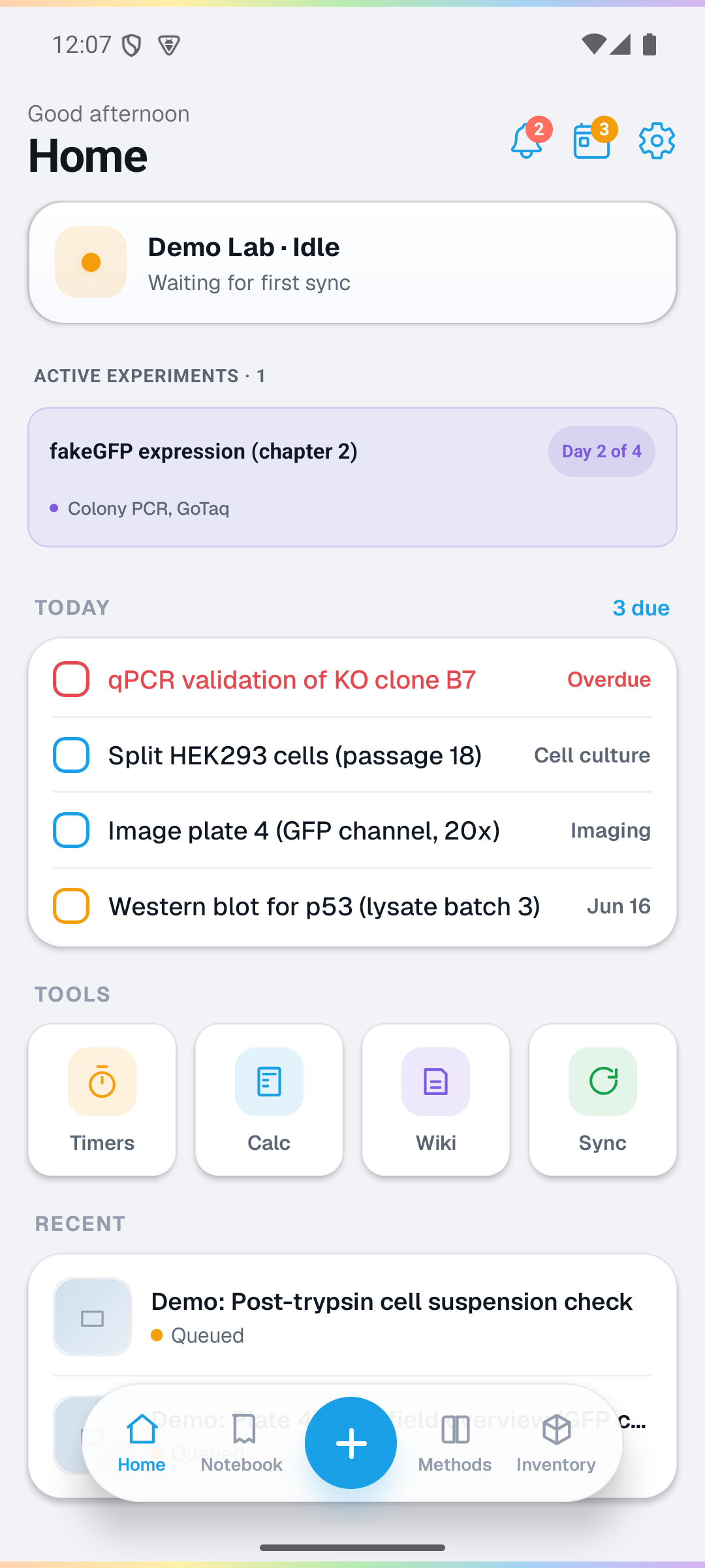 The redesigned Companion Home tab on a phone, showing the greeting, live status card, Today task section, Tools launcher tiles for Timers, Calc, Wiki, and Sync, and the Recent captures list.
