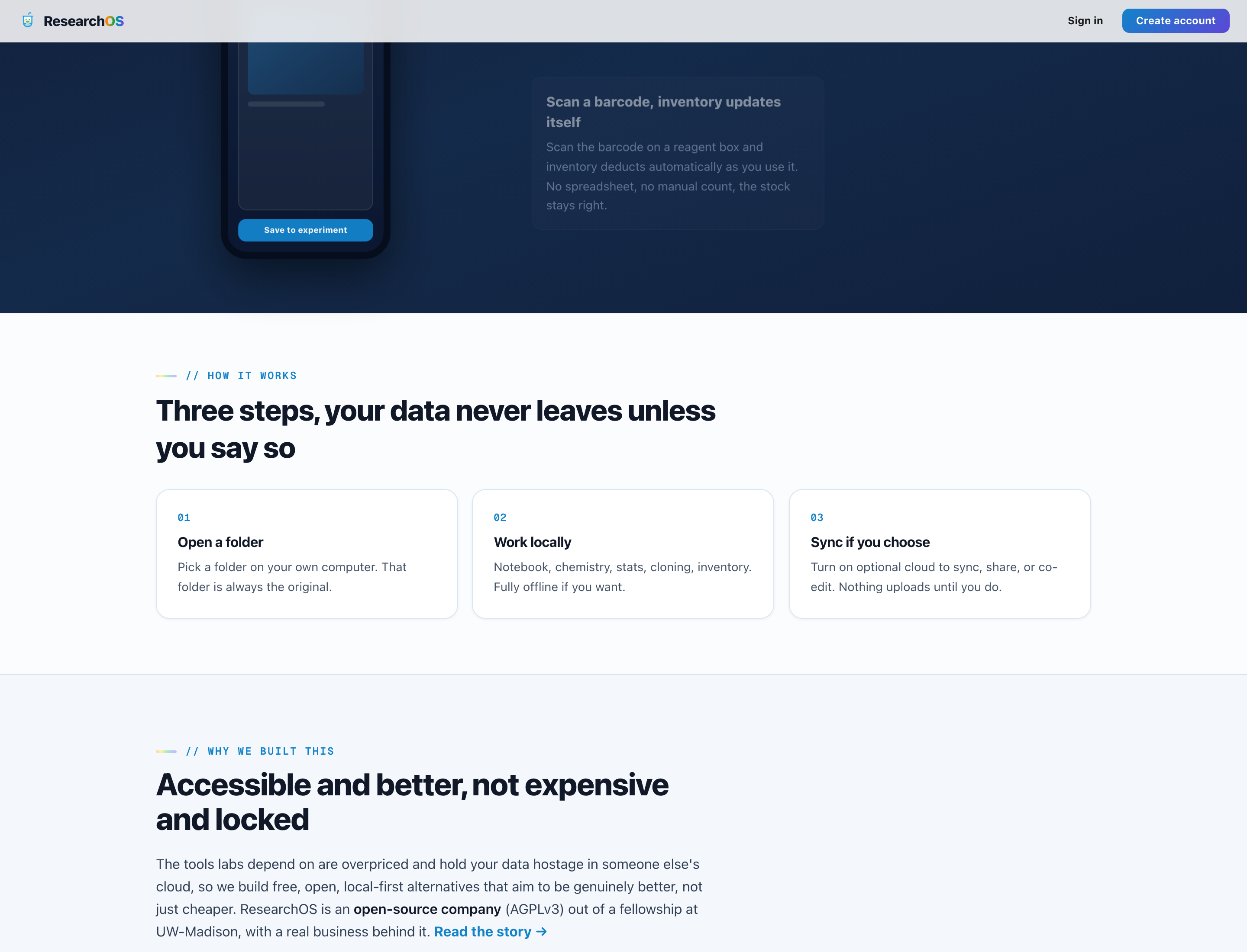 The Connect your folder screen with a dashed-border drop zone that reads Drag your data folder here, a Browse for a folder button below the divider, and an idle BeakerBot with a speech bubble and Take the 3-minute walkthrough button in the upper-right.