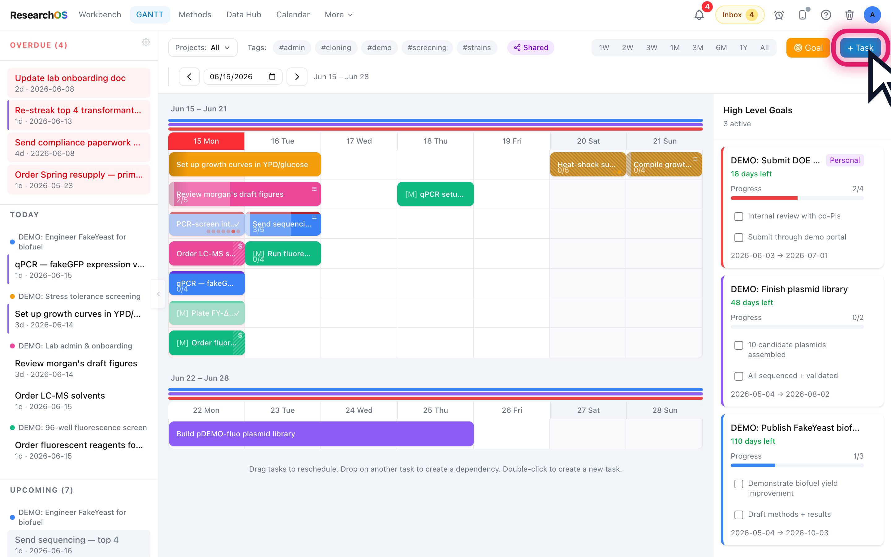 The Gantt timeline with packed rows of colored bars, a multi-select project dropdown in the toolbar, PTO stripes on a Saturday cell, and a dependency stripe linking two bars across rows.