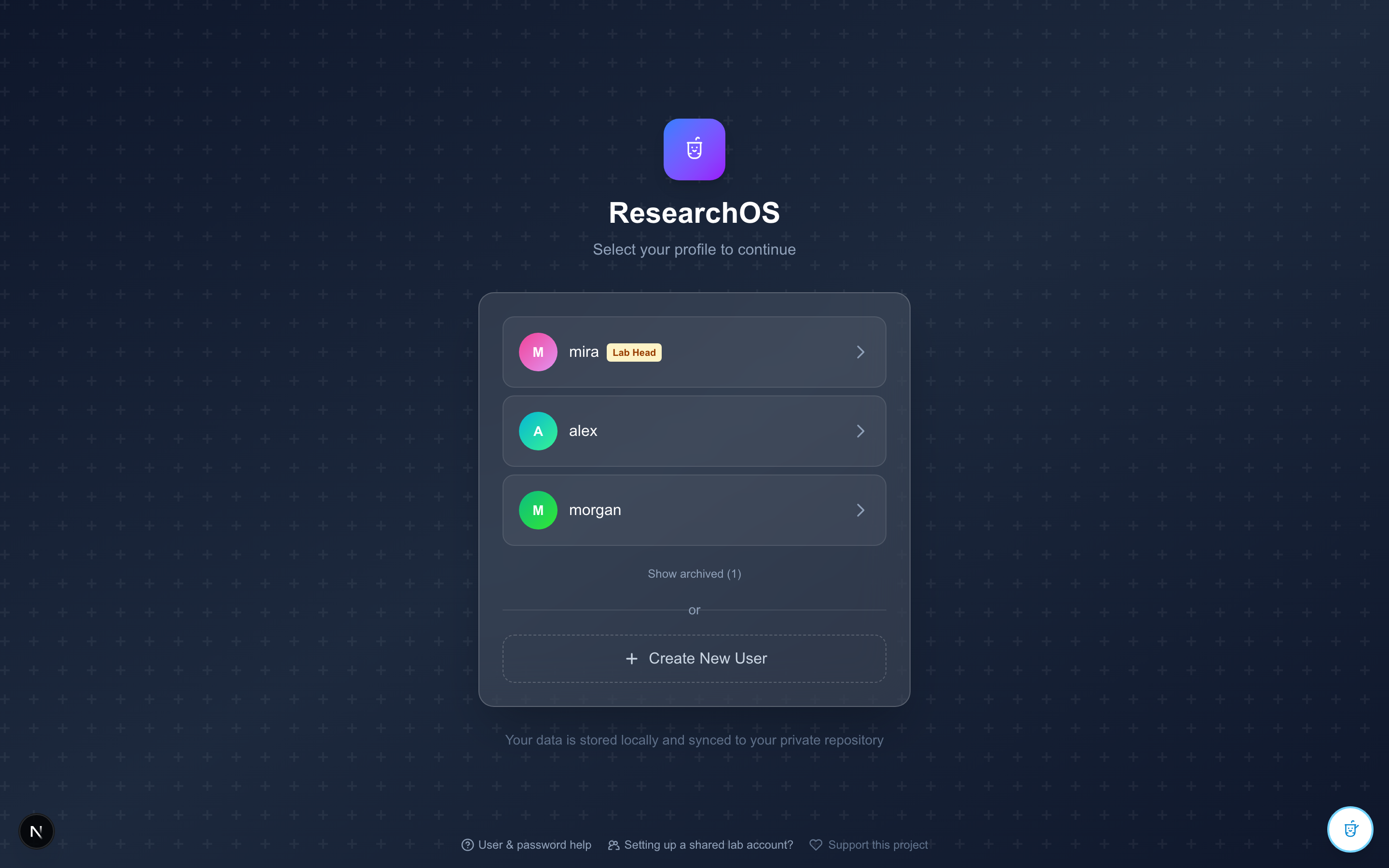 The user-picker showing two accounts, the PI pinned at the top with a small badge next to their avatar.
