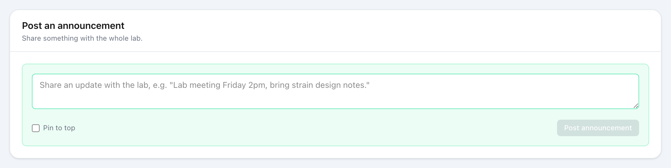 The Post an announcement section on the Lab Overview page, showing a textarea with a draft message, a Pin to top checkbox, and a Post announcement button.