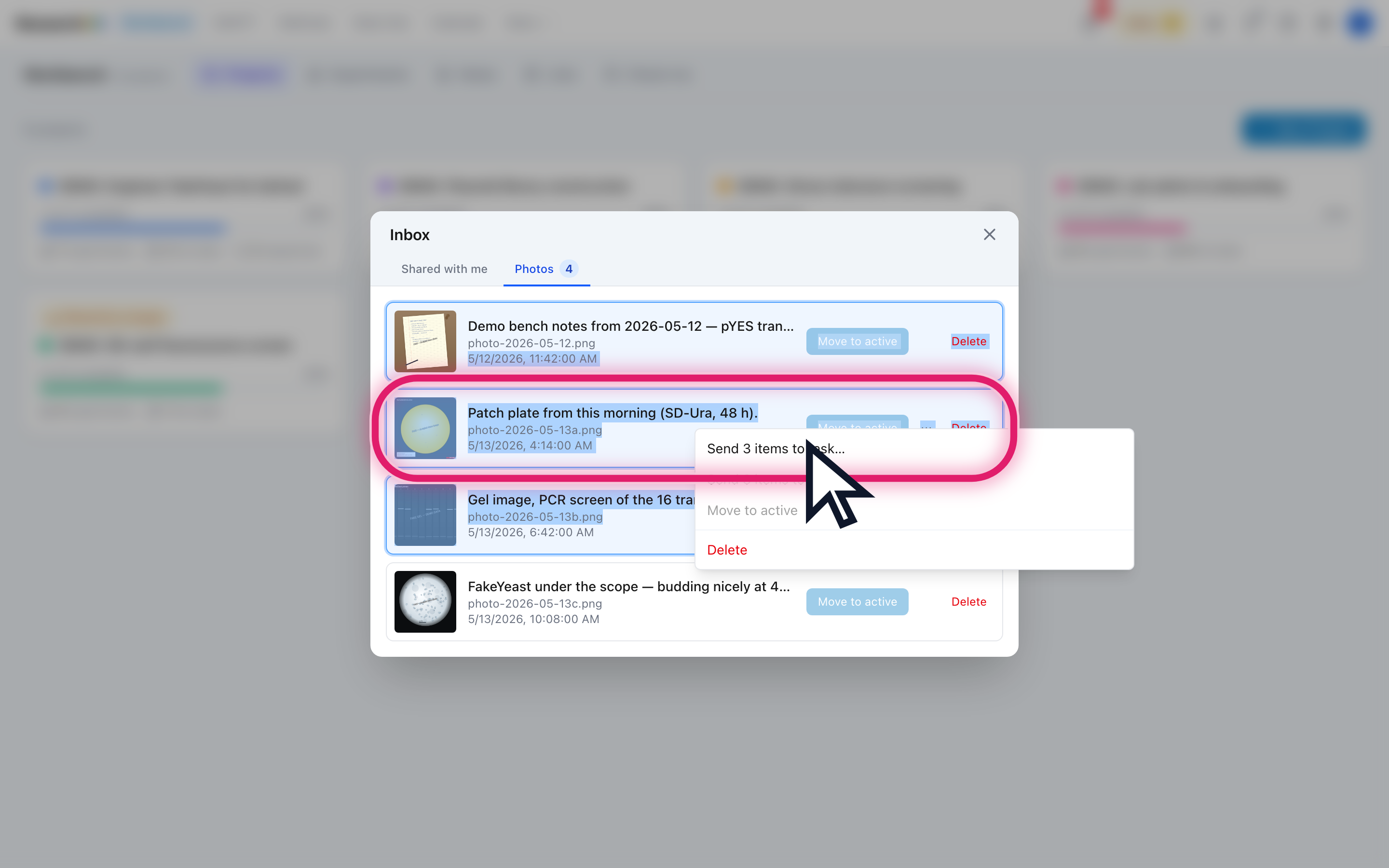 The Inbox modal with three rows selected (blue borders) and the right-click context menu showing Send 3 items to task, Move to active, and Delete.