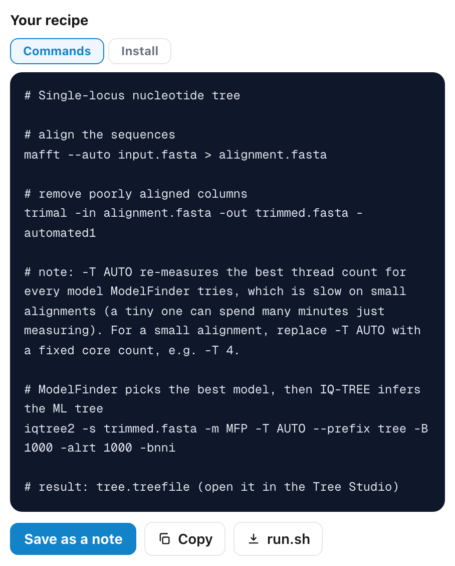 The generated recipe output panel showing commented shell commands for alignment, trimming, and IQ-TREE inference, a copy button, and a generated environment.yml with pinned tool versions.