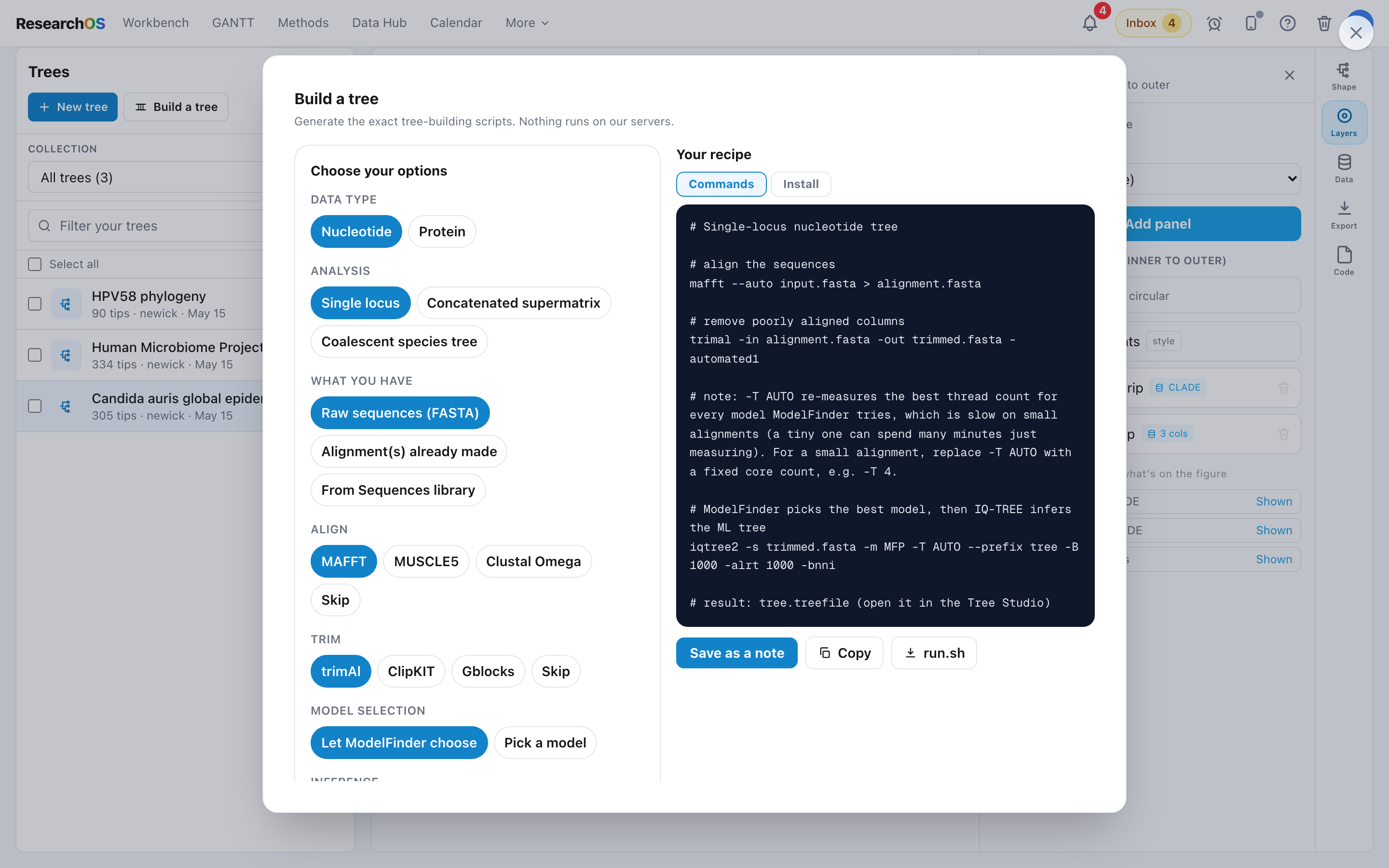The Tree Builder wizard showing choices for data type, analysis type, aligner, trimming, substitution model, inference tool, and support, with a generated recipe preview on the right.