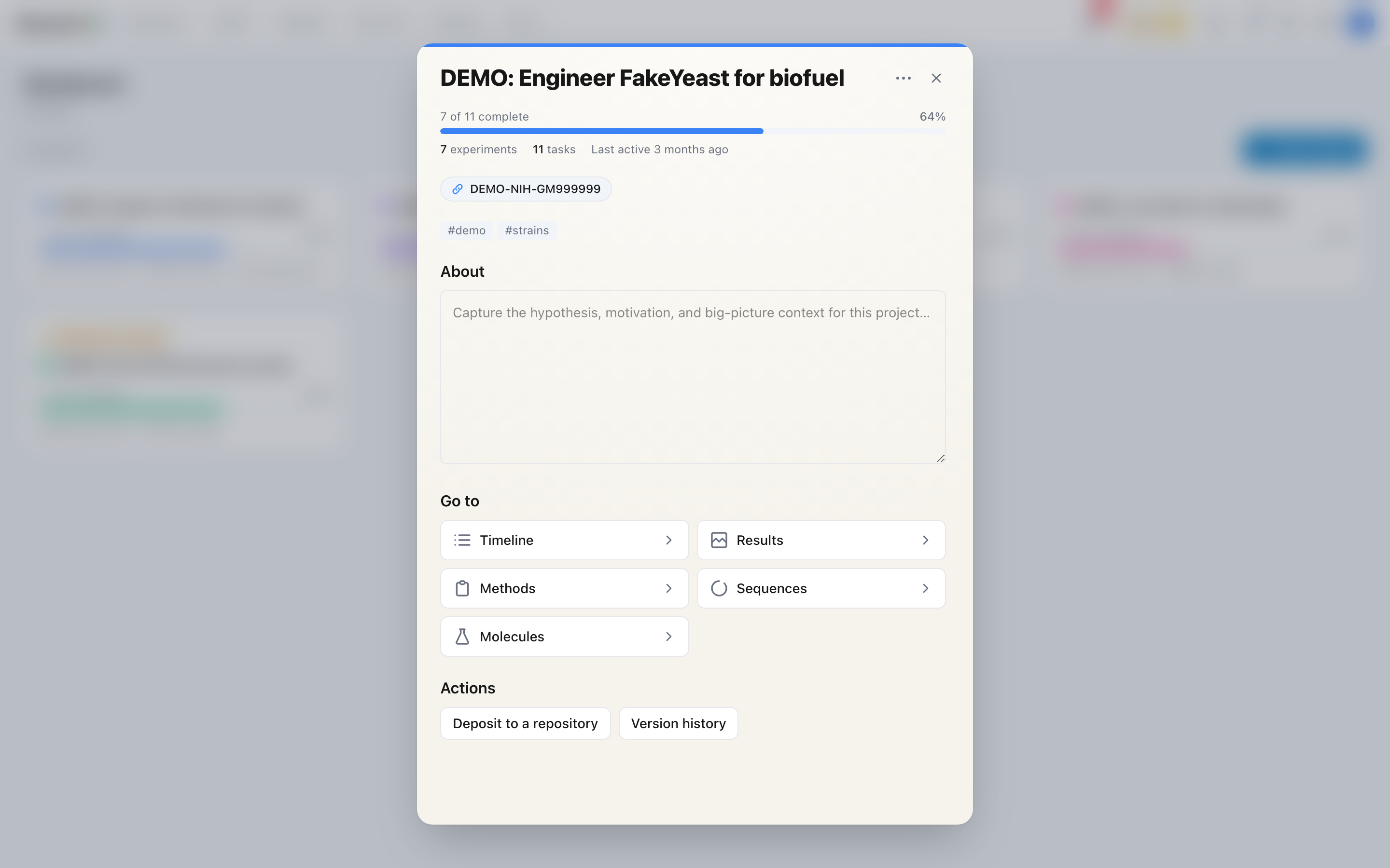 The Activity tab inside a project popup, listing a chronological feed of events. Each row has an icon, a summary line, and a relative timestamp on the right.