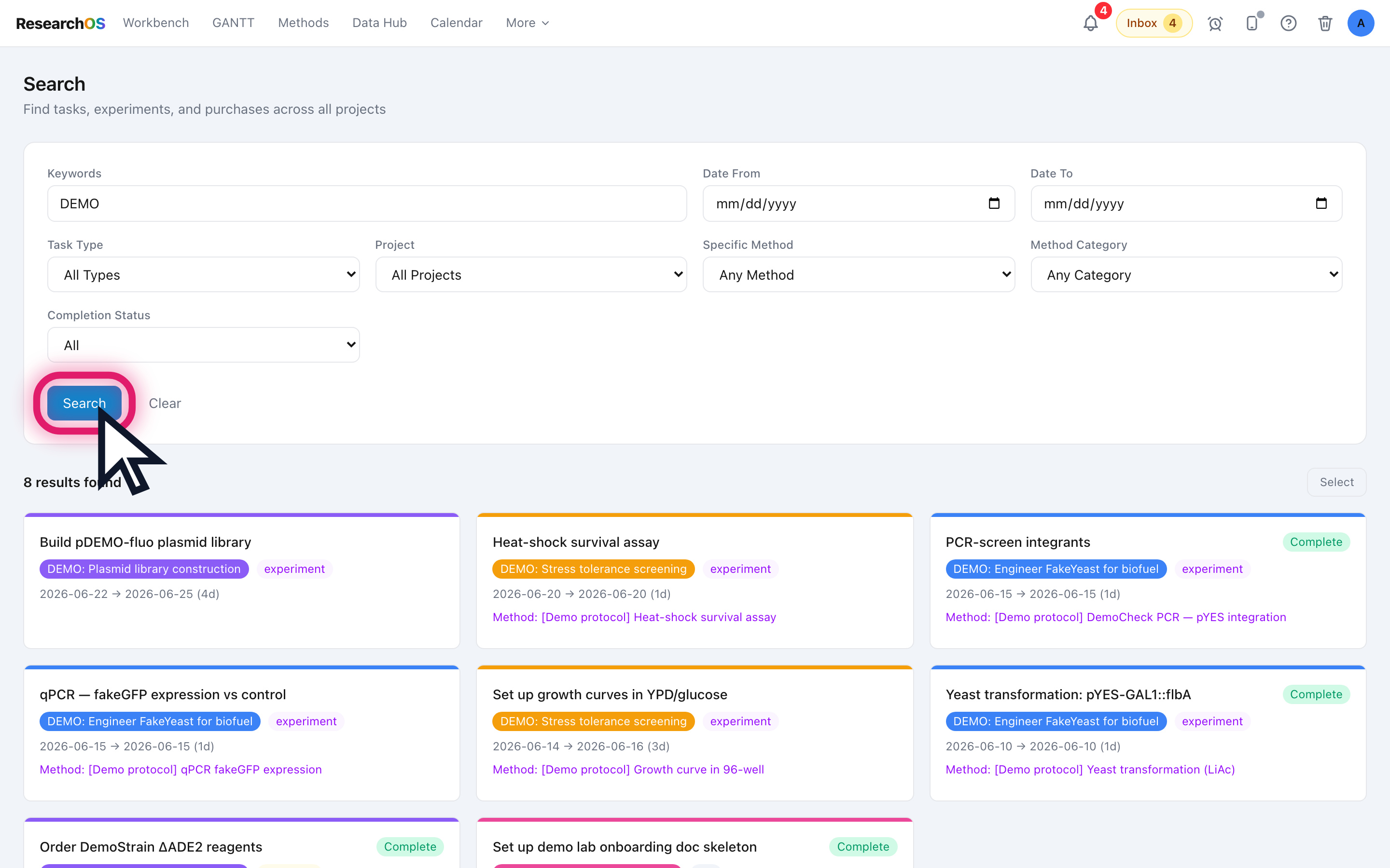 The Search page with a keywords input, a row of filter dropdowns, and Search and Clear buttons.