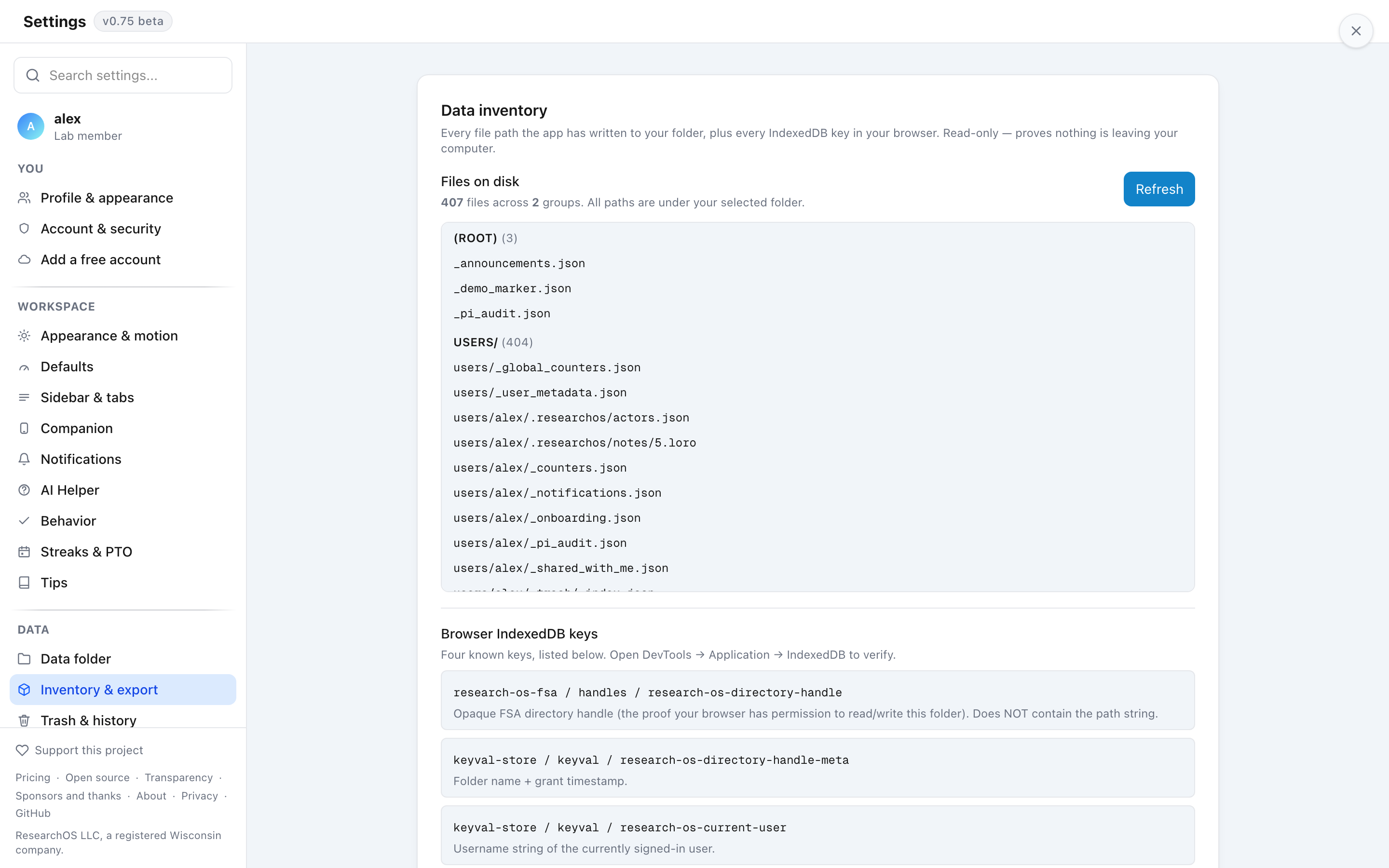 The Data inventory panel in Settings, listing every file path the app has written and the External Calls section naming each outbound endpoint.