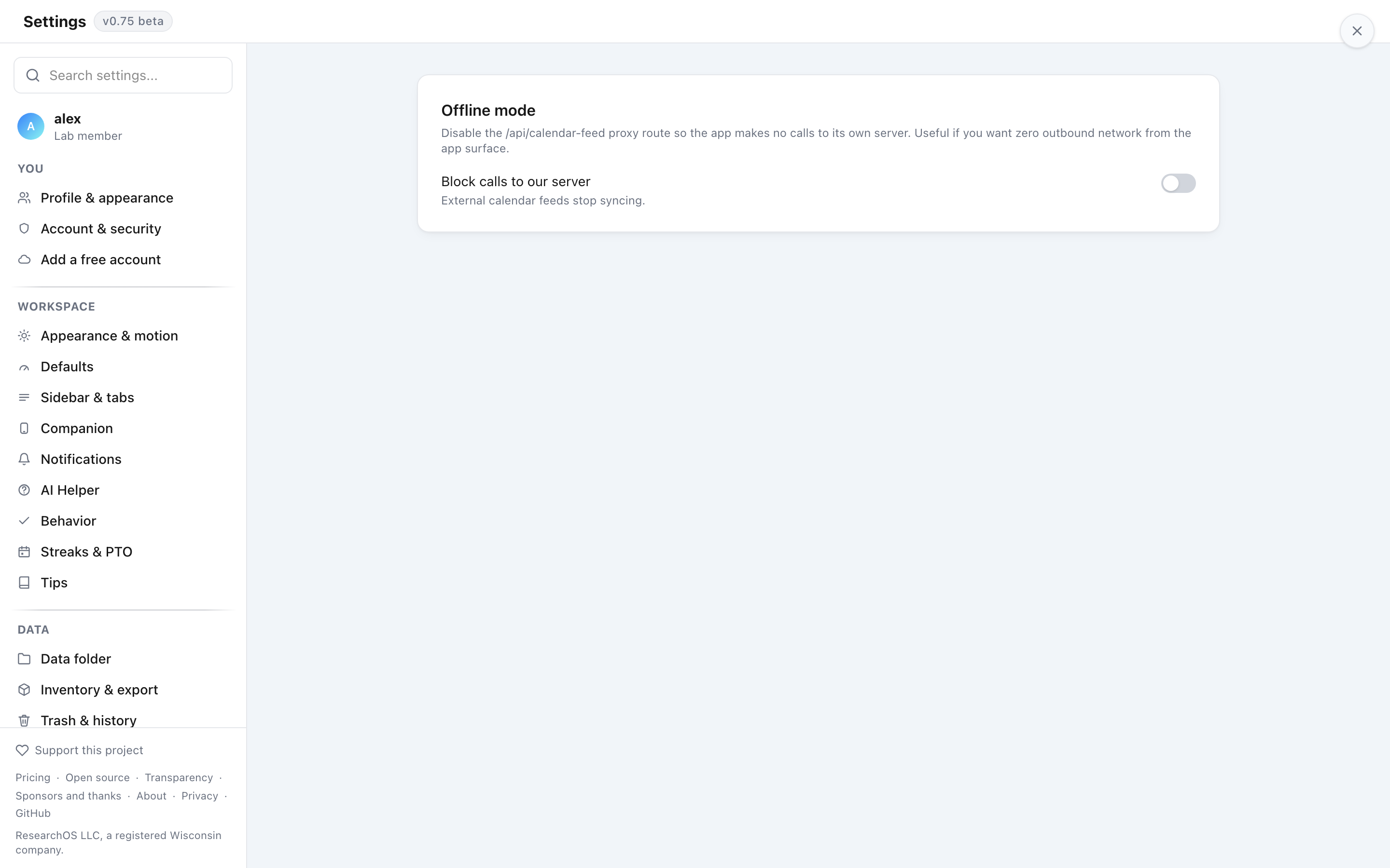 The Offline mode toggle in Settings, shown in the on position, with the note that the Vercel Analytics script and proxy routes are disabled.