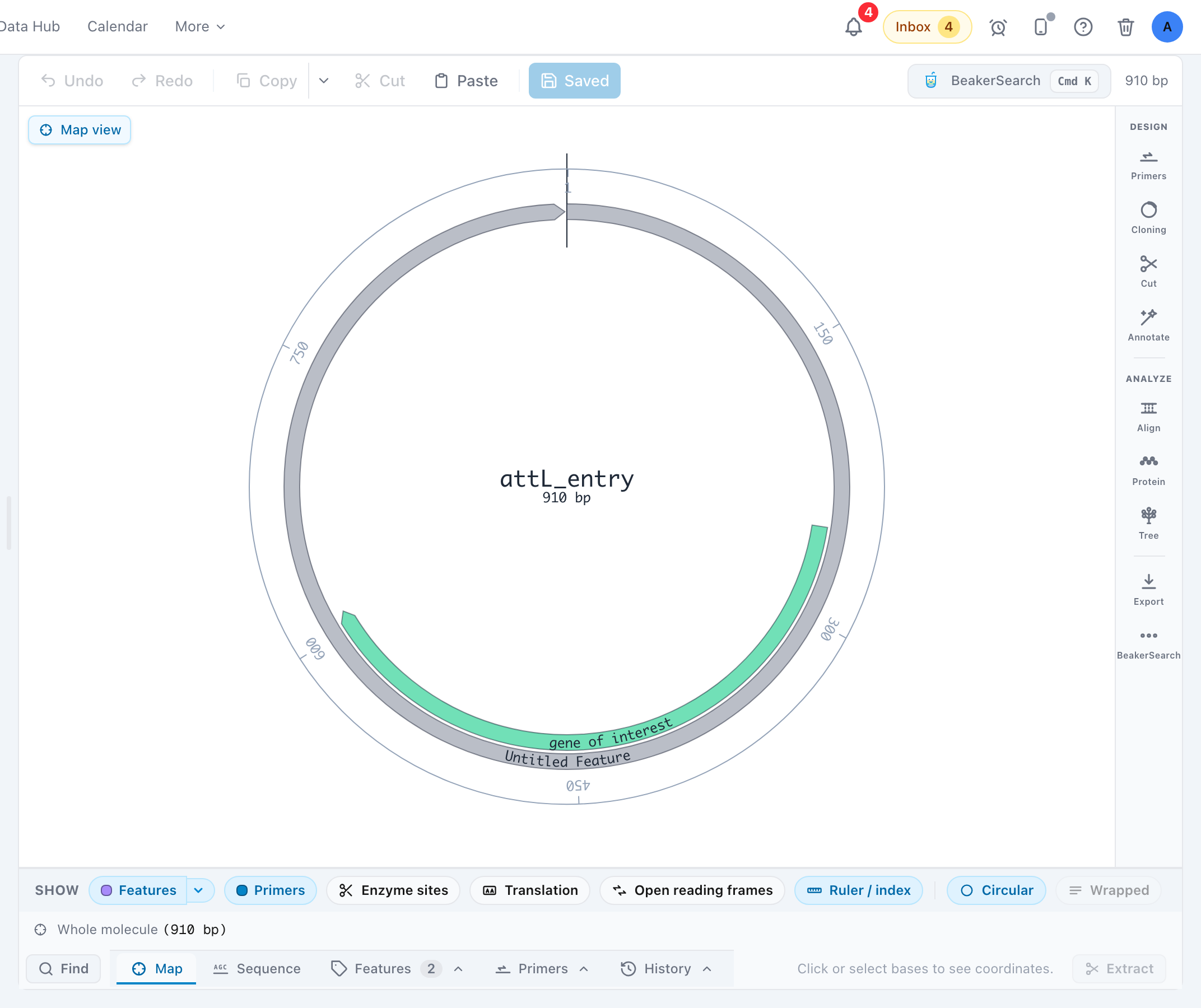 A circular plasmid map with labeled feature arcs in several colors (blue CDS arcs, green promoter arcs, orange rep_origin arc) and a position ring with tick marks.