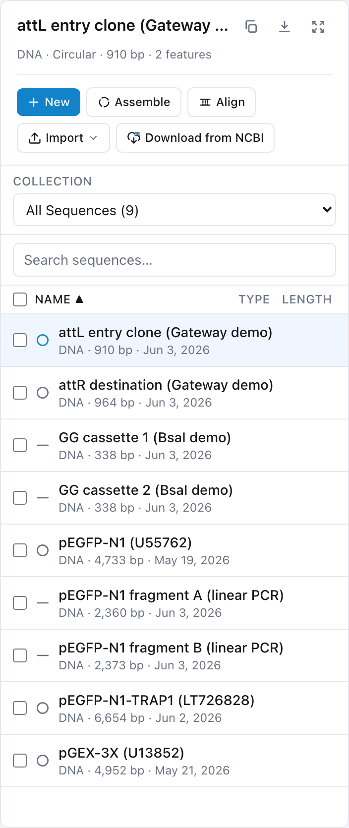 The library panel with the collection selector open, showing a list of project names and an All collections option.