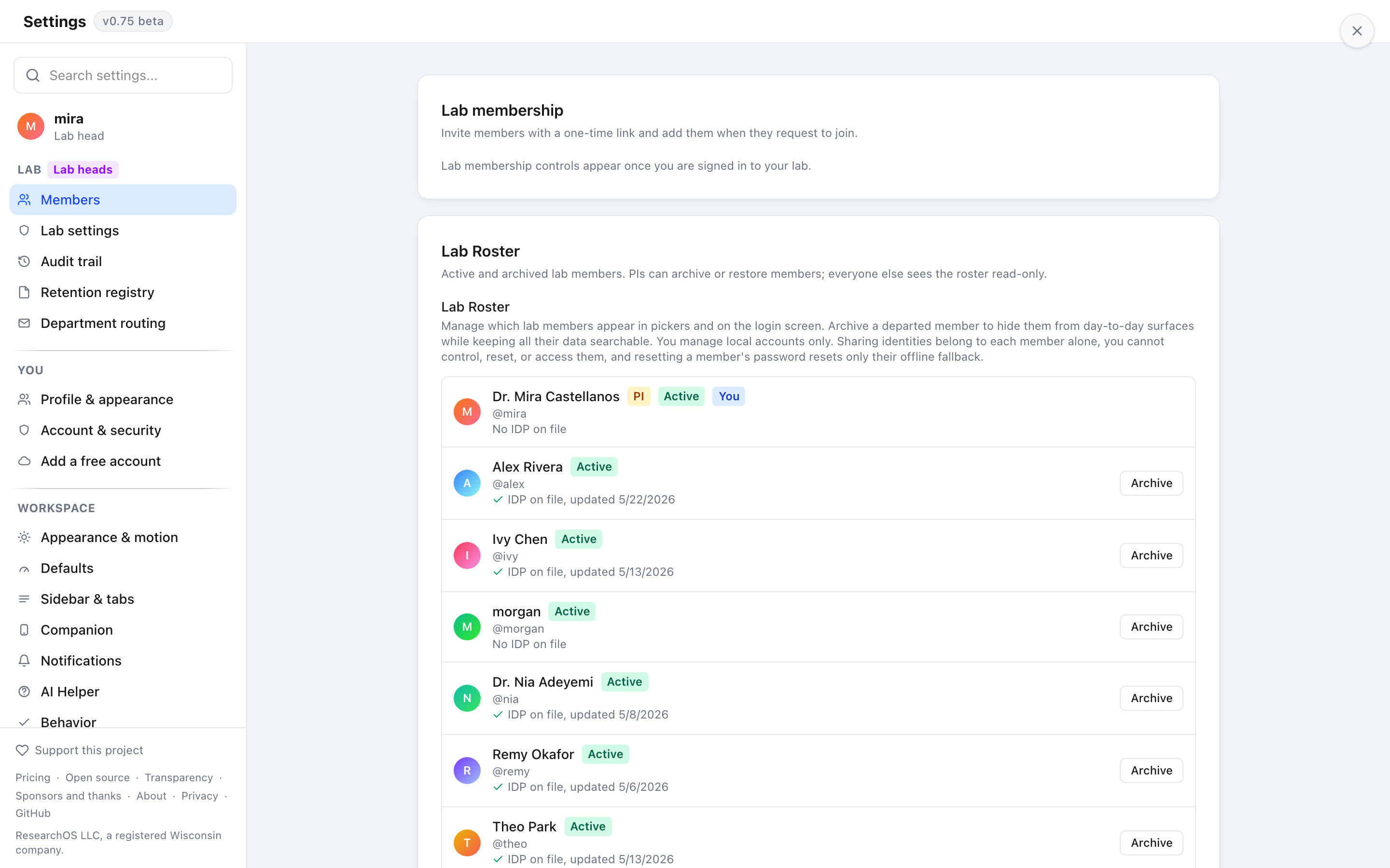 The AI usage section showing a BeakerBot token balance, recent task costs, and three top-up packs at 10, 25, and 50 dollars.
