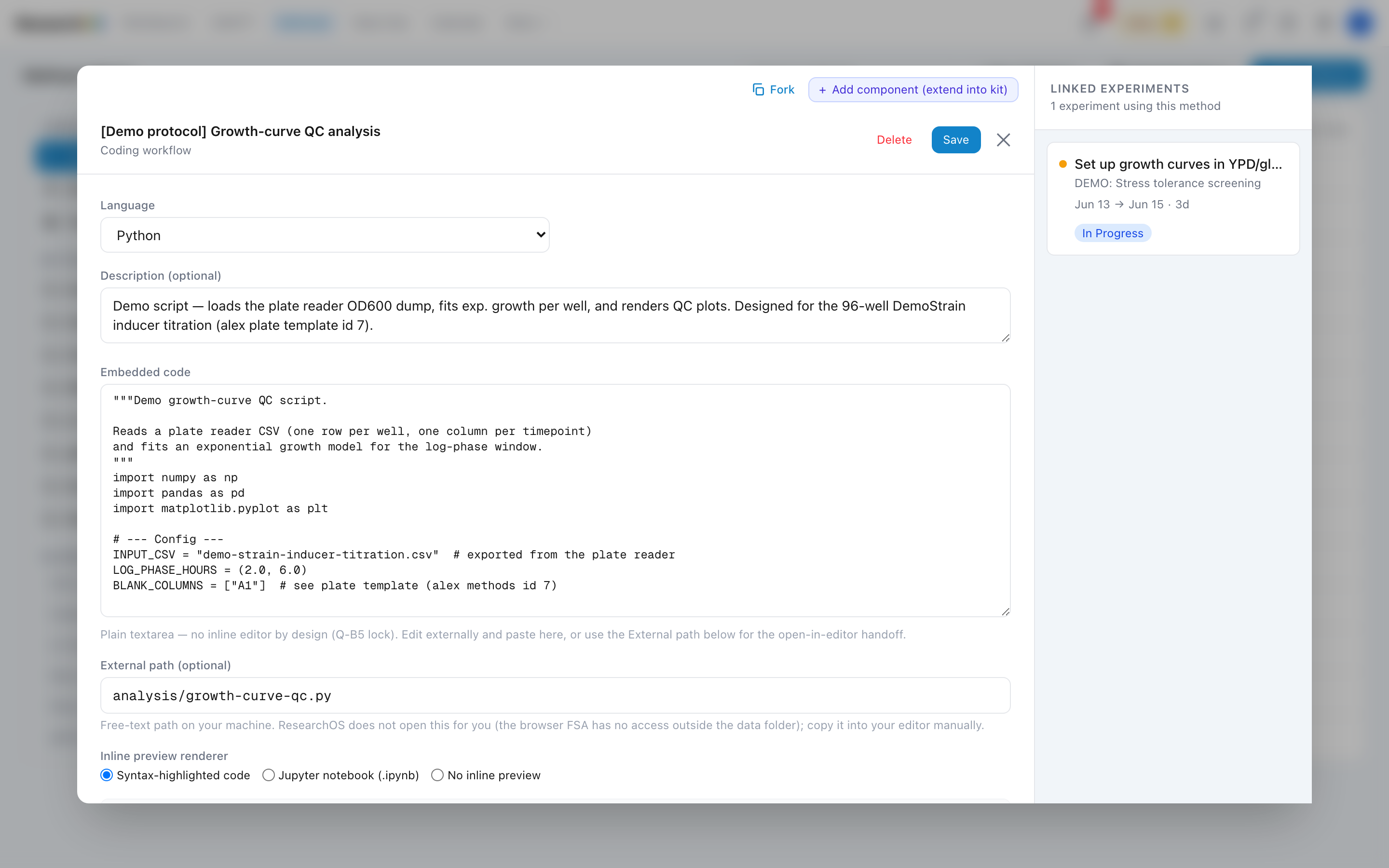 The In your lab tab of the share dialog over a method popup, showing recipient rows each with a read/edit toggle, plus a Share with the whole lab toggle below.