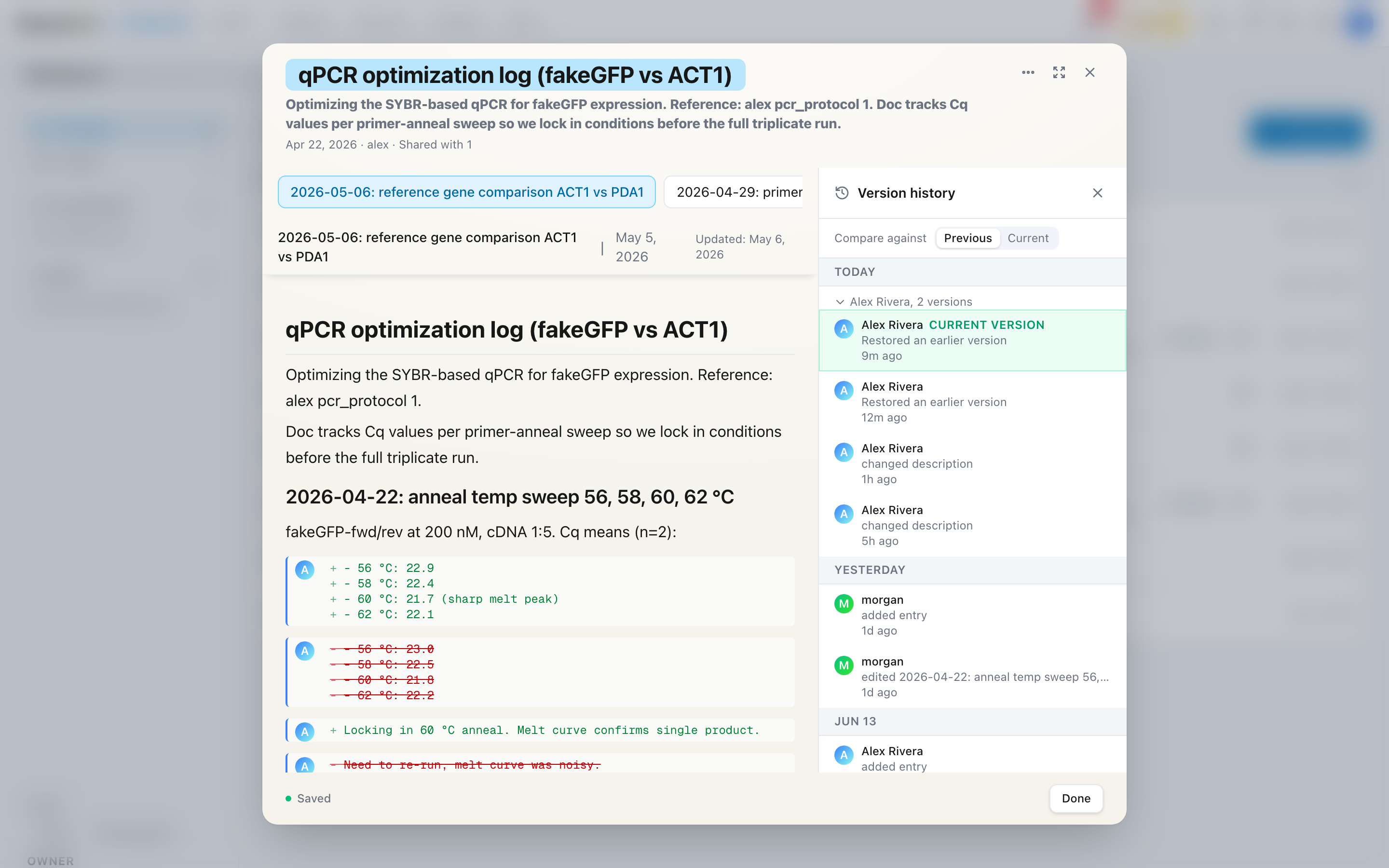 A note open with the version history sidebar on the right, showing versions grouped under day headers and editing sessions, each row with an editor avatar, a one-line change summary, and a relative timestamp.
