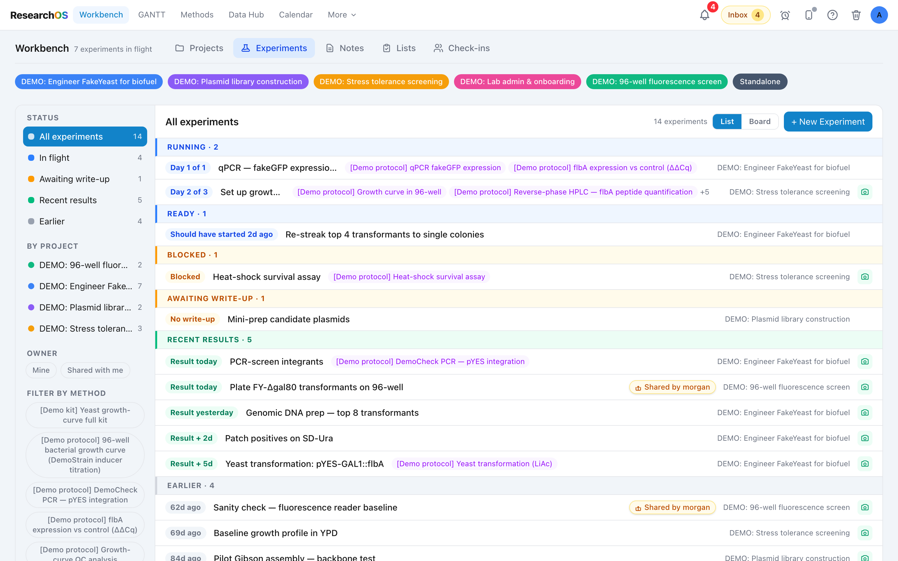 The Experiments tab in List view, showing status-banded sections (In flight, Awaiting write-up, Recent results) with experiment rows beneath each section header and the List/Board toggle in the top right of the pane.